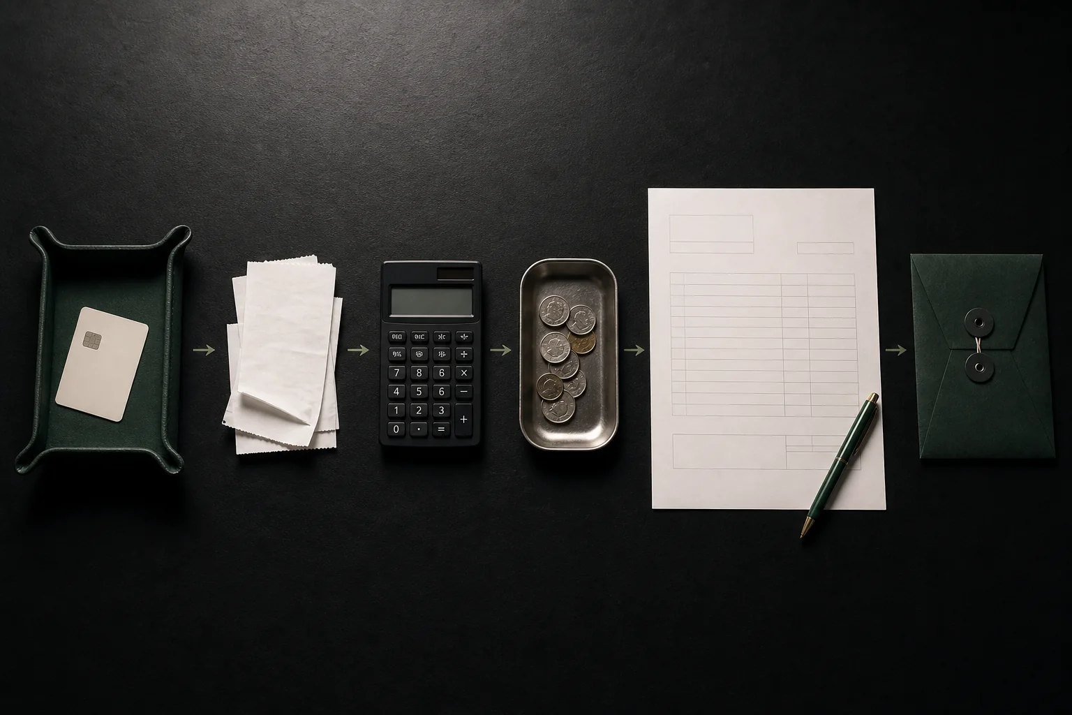 Tarjeta, recibos, calculadora, fondos y factura ordenados como un flujo operativo.
