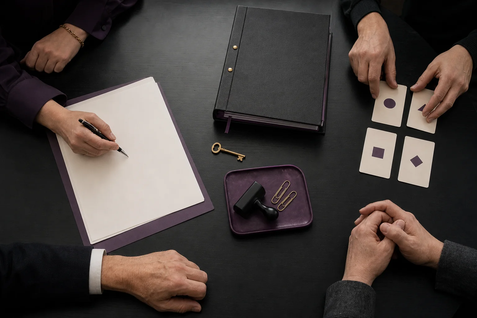 Varias personas toman decisiones y ordenan roles alrededor de una mesa.