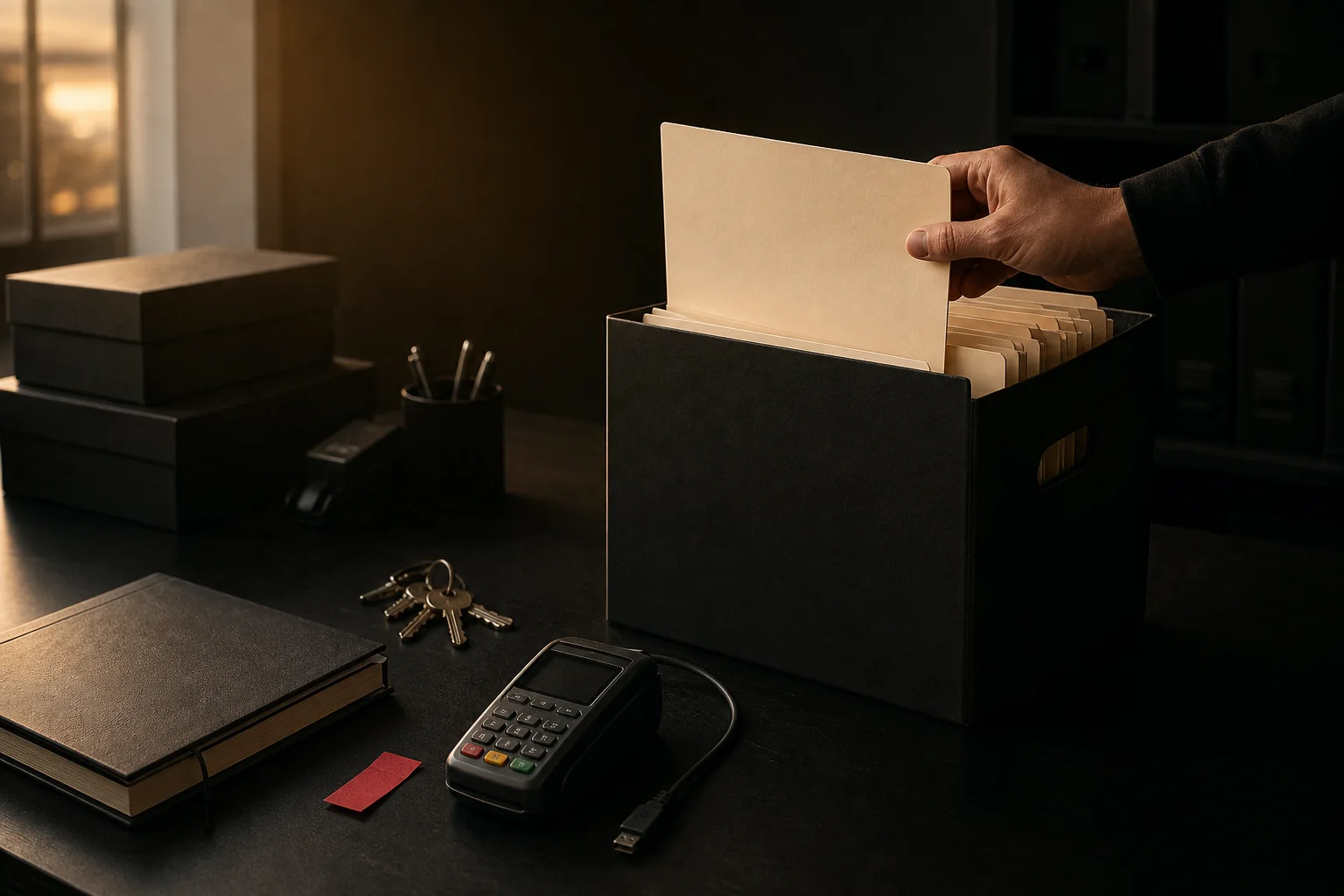 Una mano archiva la carpeta final junto a llaves, terminal y libro cerrados.