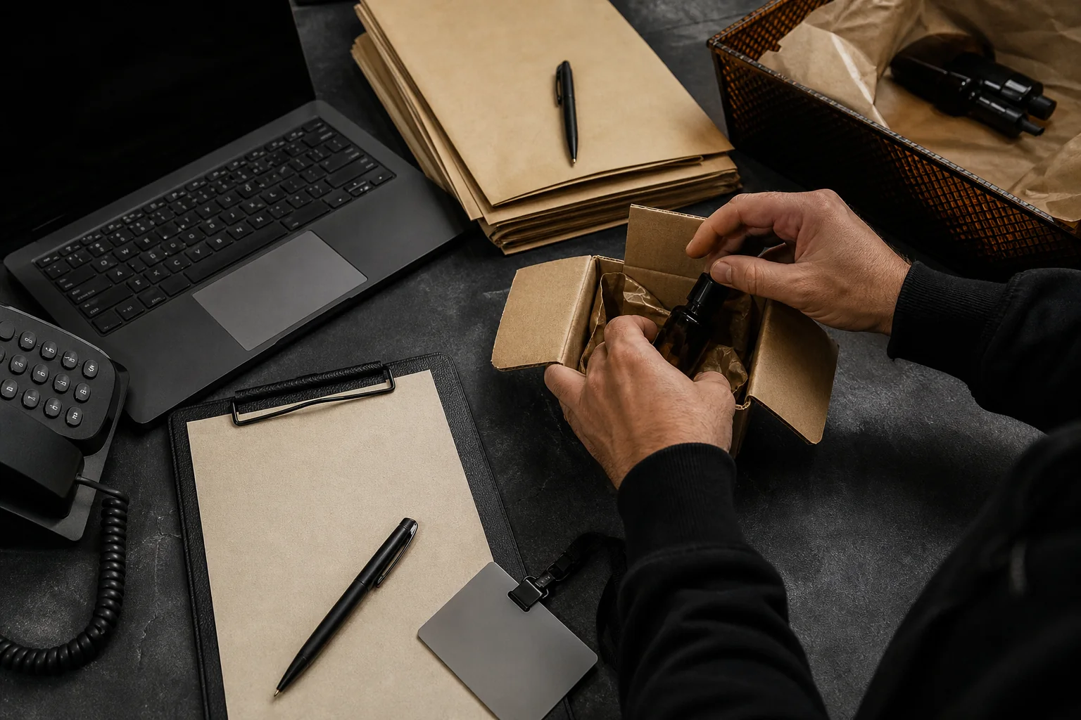 Manos preparando un producto junto a material de oficina y documentos de operación.