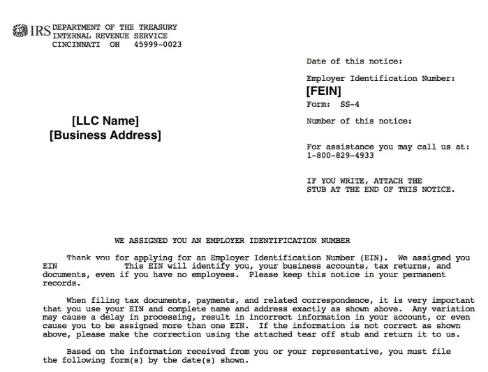 Carta CP 575 del IRS &ndash; N&uacute;mero EIN para tu LLC americana